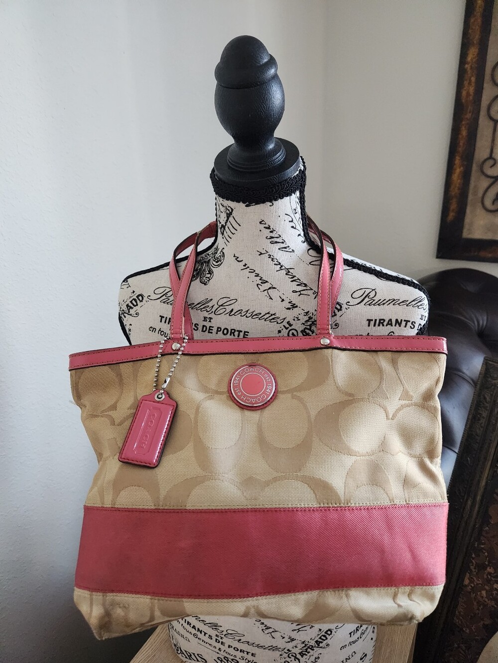 Coach Beige Canvas Tote with Pink Leather Trim